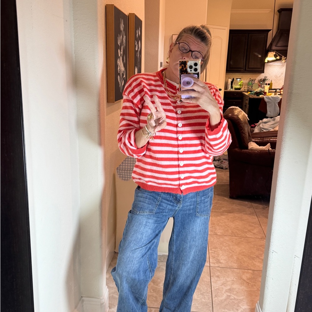 Amazon Red and pink Striped Cardigan